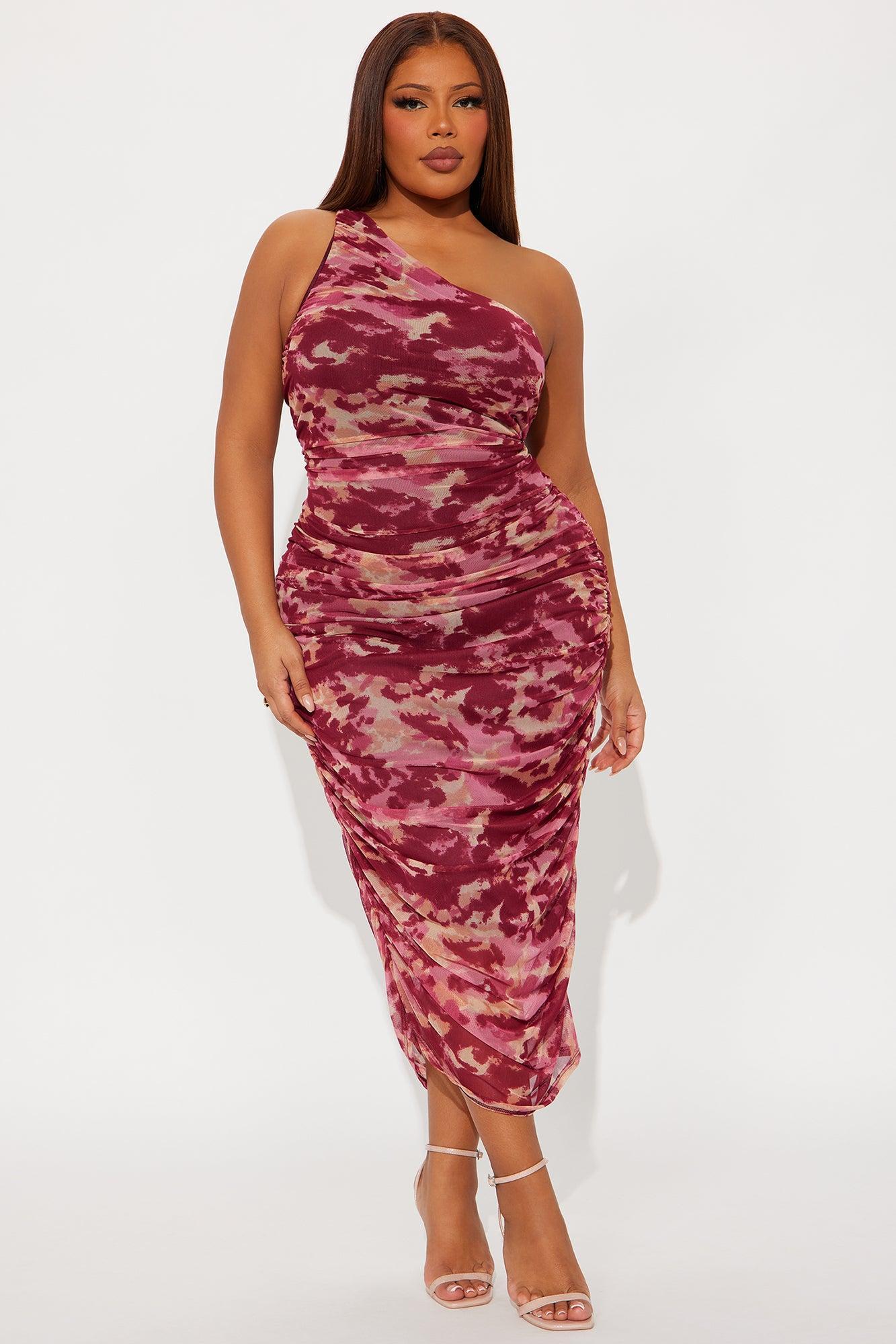Bella Ruched Mesh Midi Dress - Burgundy/combo Product Image