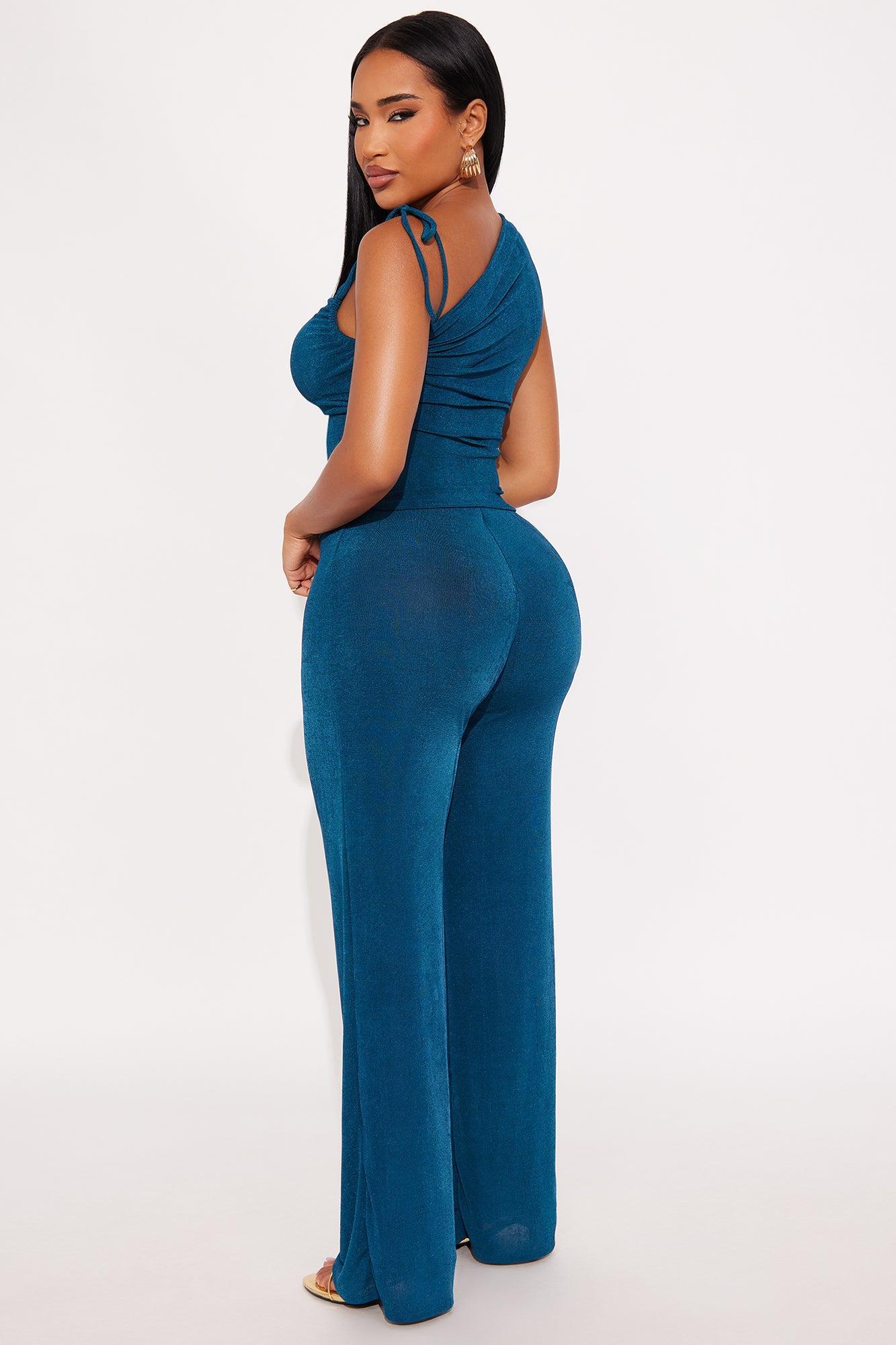 Cassie Slinky Wide Leg Pant Set - Teal Product Image