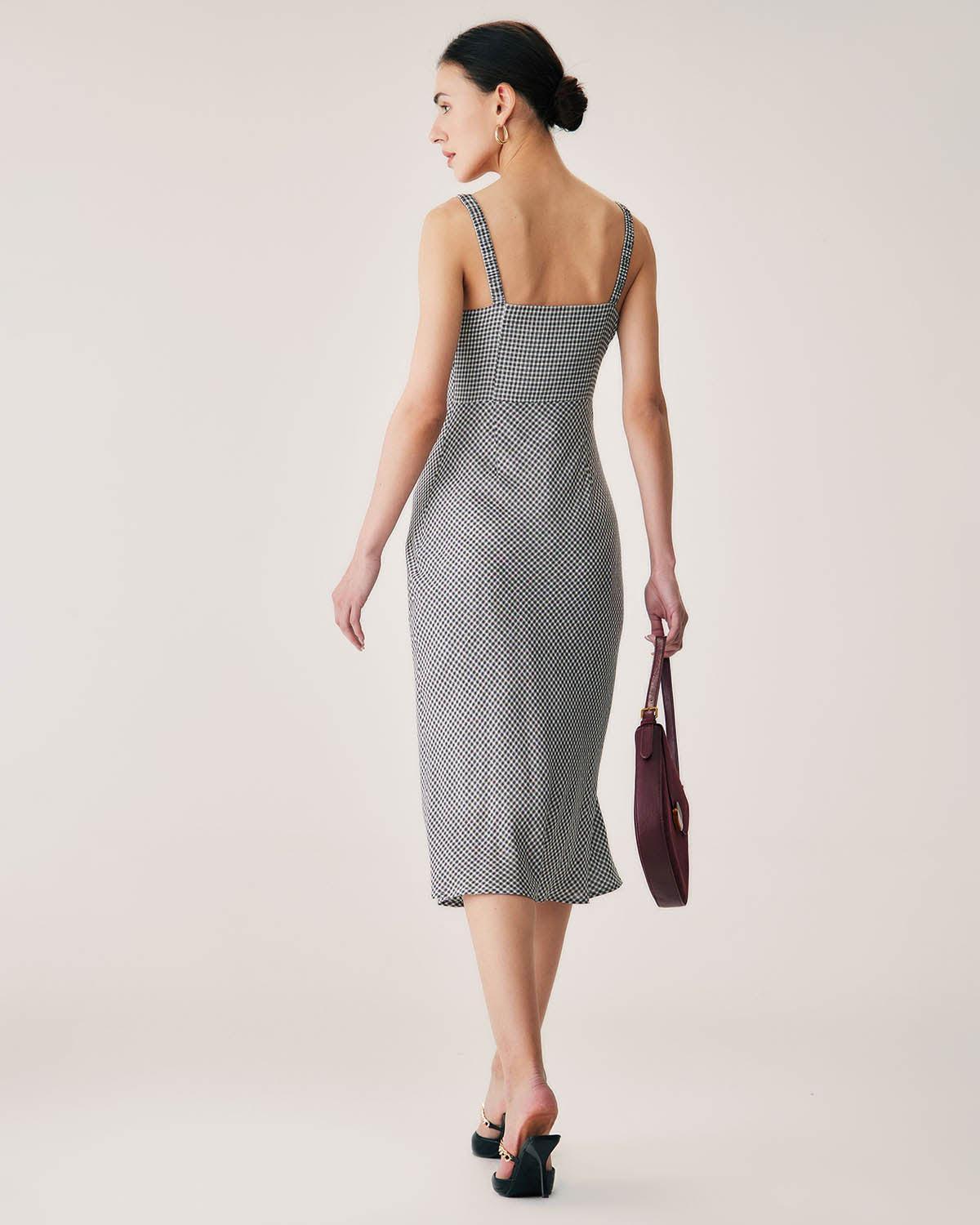 Black Plaid Ruched Slip Midi Dress Product Image