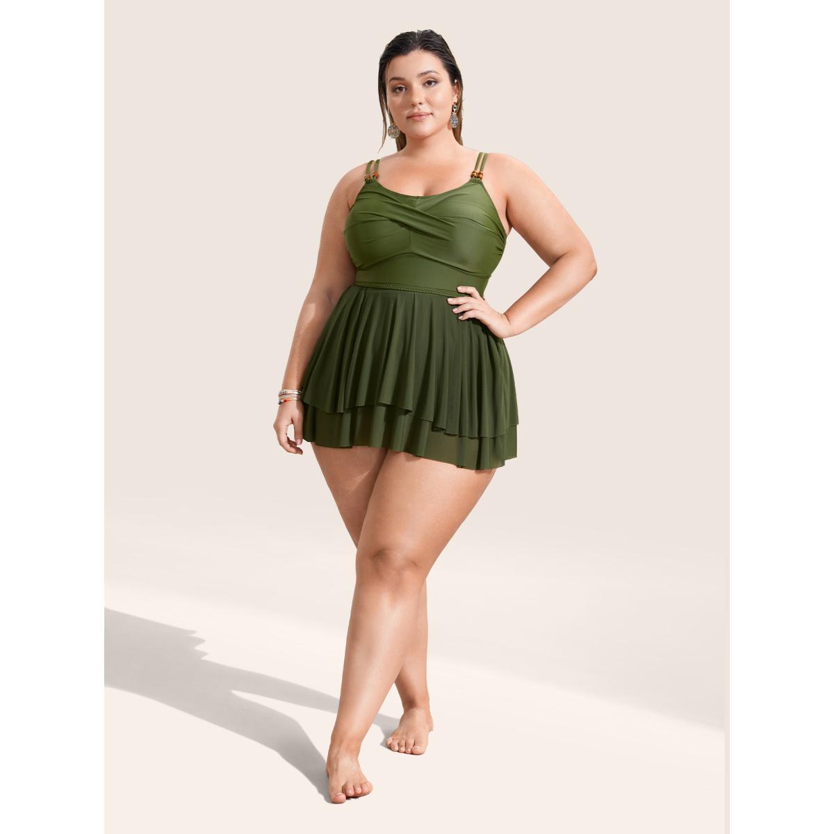 Plus Size Solid Twist Front Tiered Hem Swim Dress Women's Swimwear ArmyGreen Beach Bodycon U-neck High stretch Curve Swim Dresses BloomChic 18-20/2X Product Image