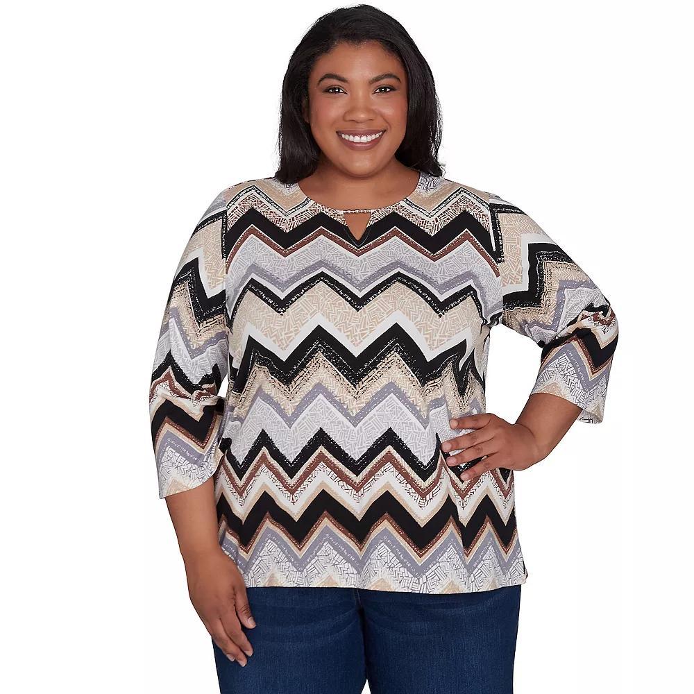 Plus Size Alfred Dunner Zig Zag Split Crewneck Top, Women's, Size: 1XL, Multi Neutral Product Image