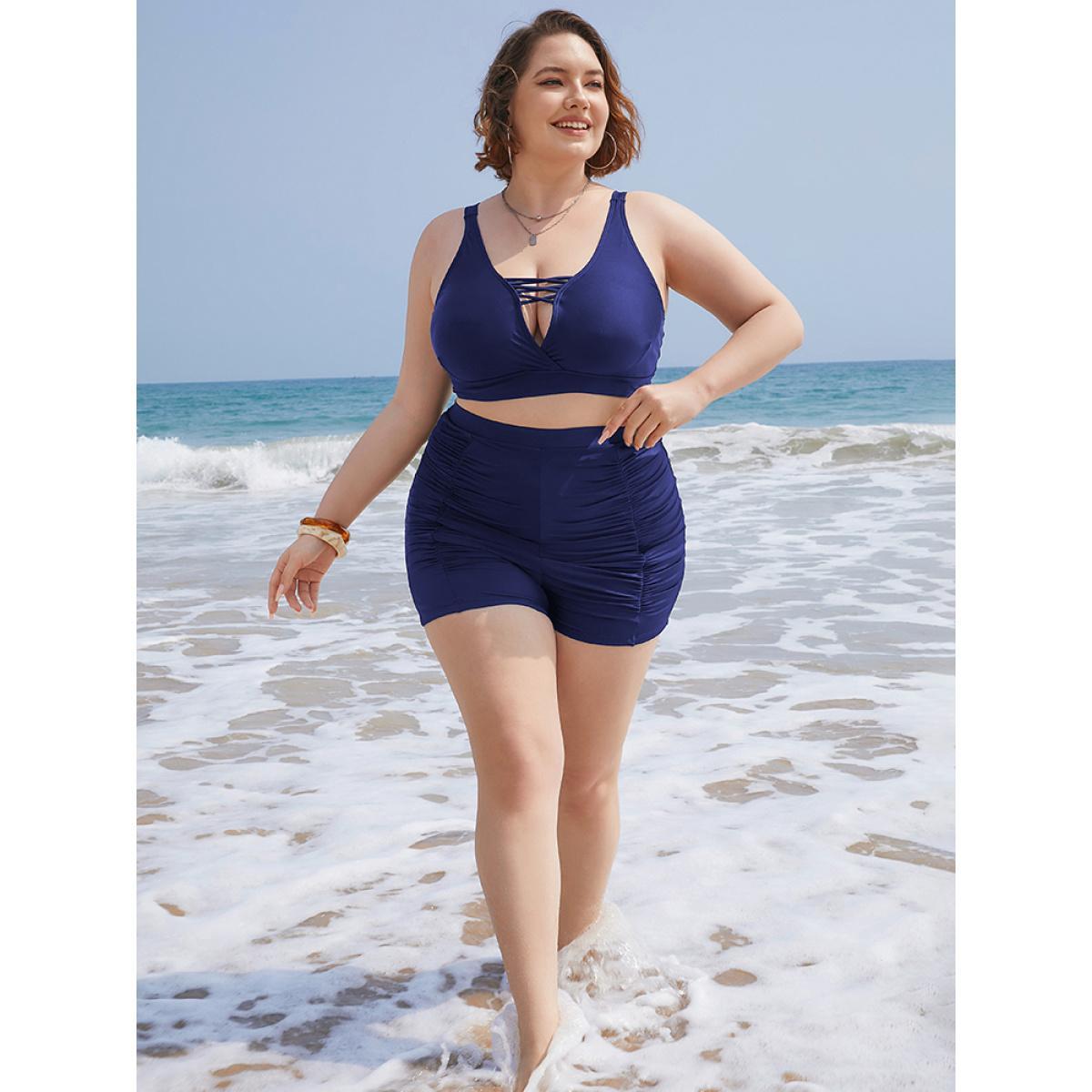 Plus Size Solid High Waist Ruched Detail Swim Shorts Women's Swimwear Indigo Beach Gathered High stretch Skinny High Rise Curve Swim Bottoms BloomChic 30/6X Product Image