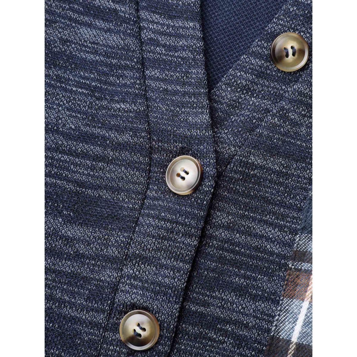 Plus Size Plaid Sleeve Button Up Patchwork Sweatshirt Women Indigo Casual Contrast Notched collar Everyday Sweatshirts BloomChic 14-16/1X Product Image