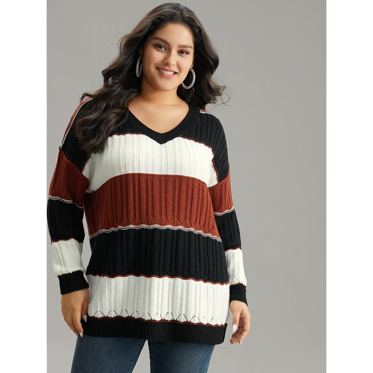 Plus Size Colorblock Contrast Hollow Out Drop Shoulder Pullover Multicolor Women Casual Loose Long Sleeve V-neck Dailywear Pullovers BloomChic 18-20/2X Product Image
