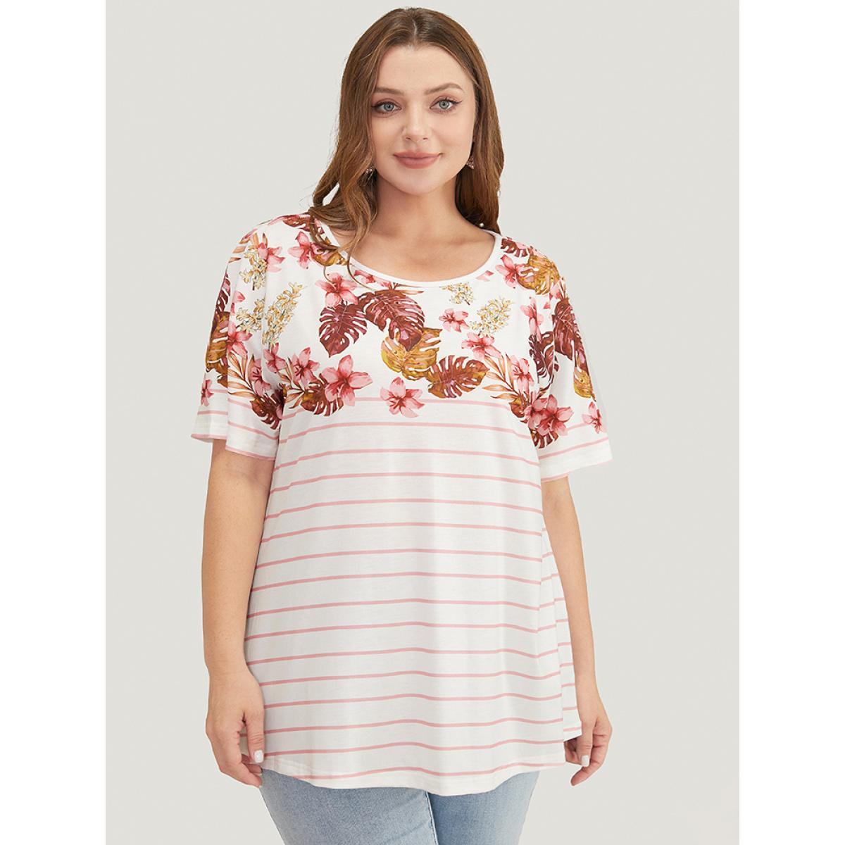 Plus Size Striped Patchwork Round Neck Floral T-shirt White Women Vacation Plants Round Neck Dailywear T-shirts BloomChic 12/L Product Image