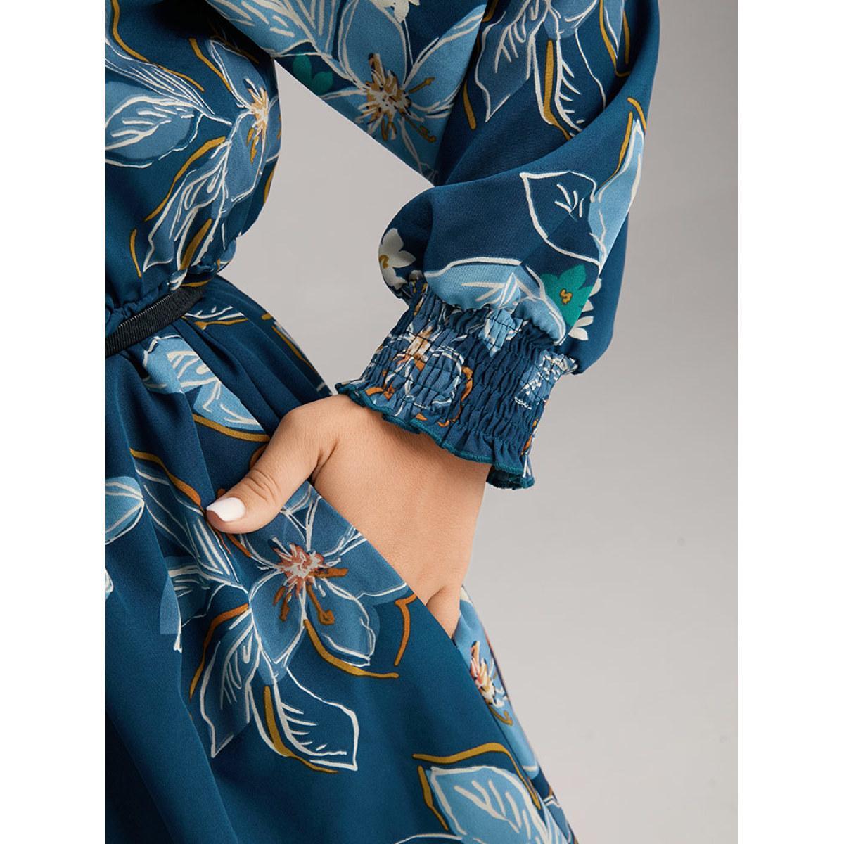 Plus Size Floral Mock Neck Frill Trim Keyhole Dress Aegean Women Elegant Elastic cuffs Mock Neck Long Sleeve Curvy Midi Dress BloomChic 14-16/1X Product Image