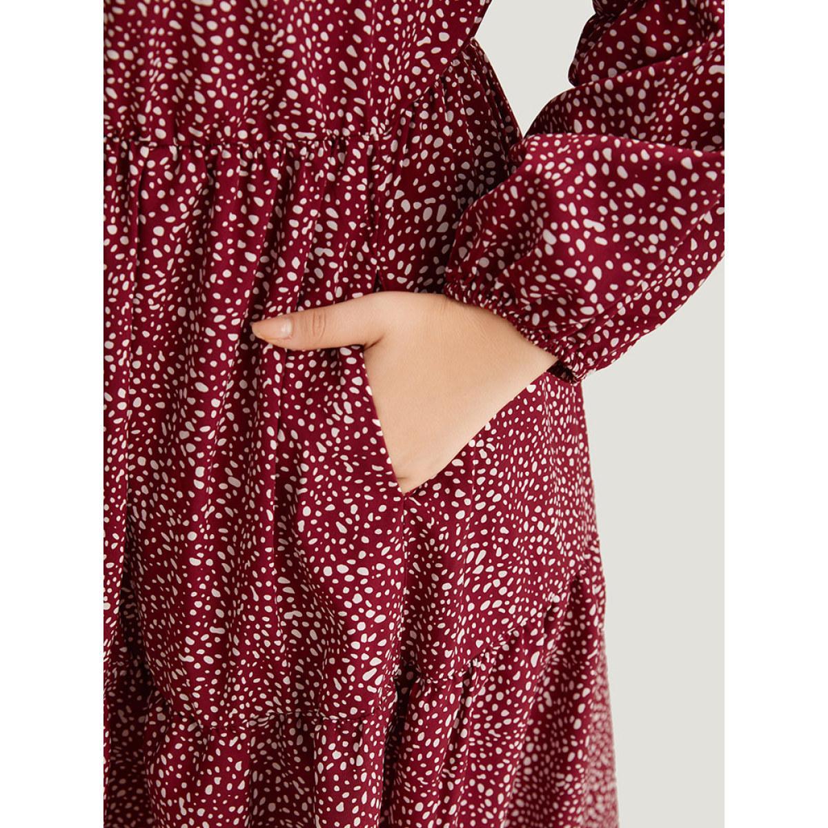 Plus Size Leopard Print Pocket Flutter Hem Dress Burgundy Women Casual Elastic cuffs V-neck Long Sleeve Curvy Midi Dress BloomChic 28/5X Product Image
