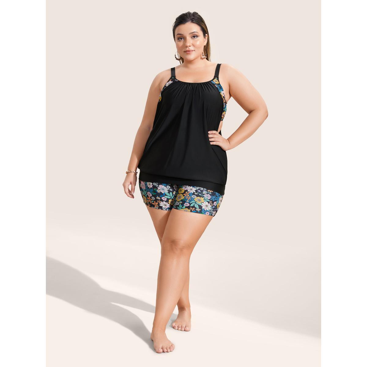 Plus Size Ditsy Floral High Rise Skinny Swim Bottom Women's Swimwear Black Beach Non High stretch Skinny High Rise Curve Swim Bottoms BloomChic 26/4X Product Image