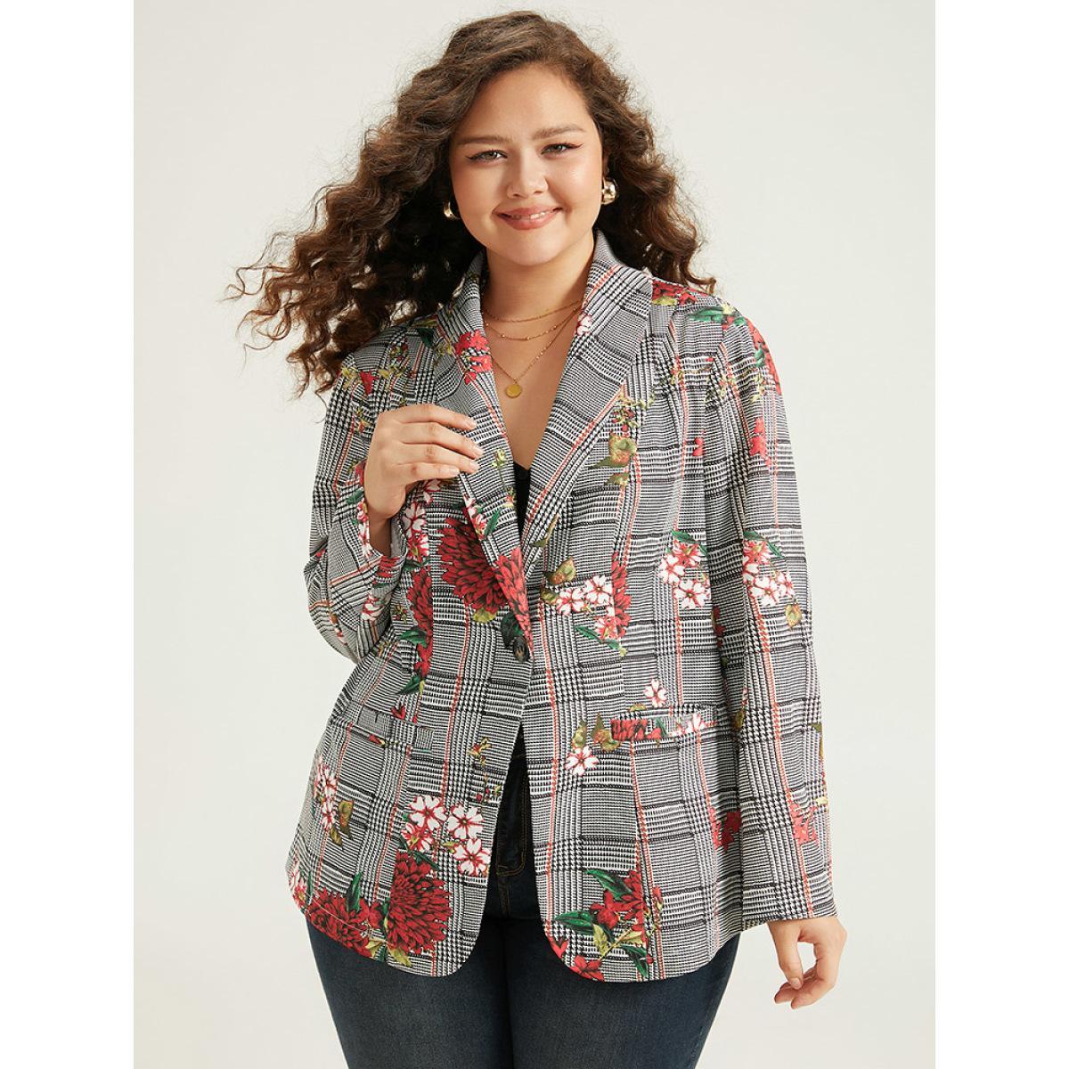 Plus Size Floral Plaid Patchwork Pocket Blazer Multicolor Women Dailywear Plaid Printed Sleeve Long Sleeve Lapel Collar 14-16/1X Pocket Elegant Blazers BloomChic Product Image