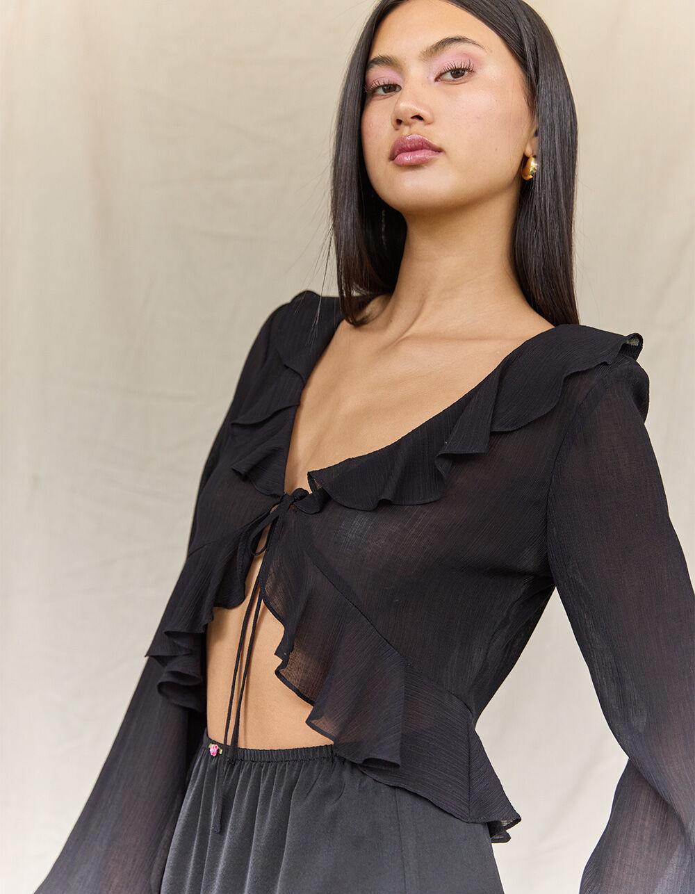 WEST OF MELROSE Sheer Ruffle Womens Long Sleeve Top - BLACK Product Image