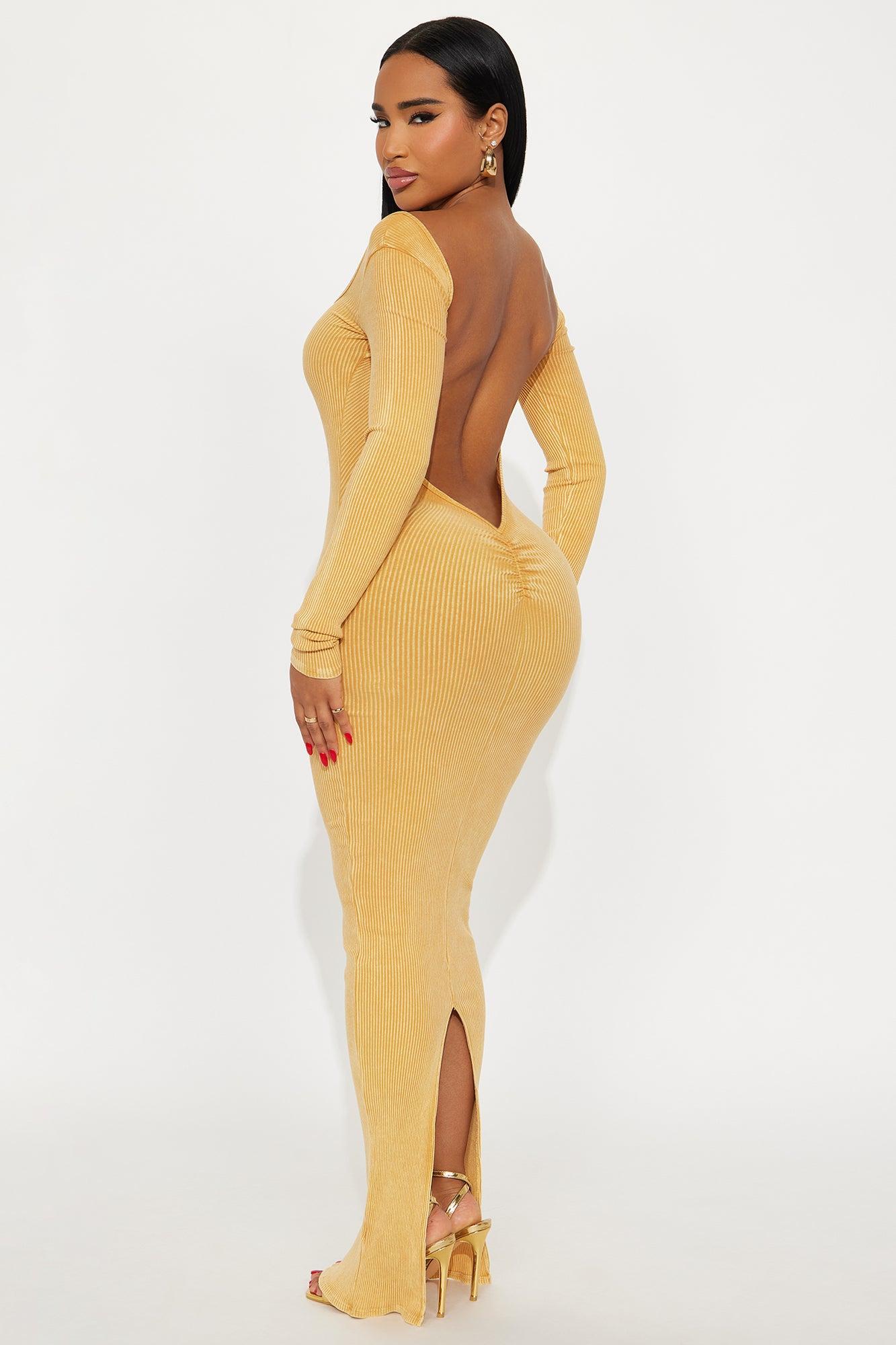 Off Duty Backless Long Sleeve Ribbed Maxi Dress - Mustard Female Product Image