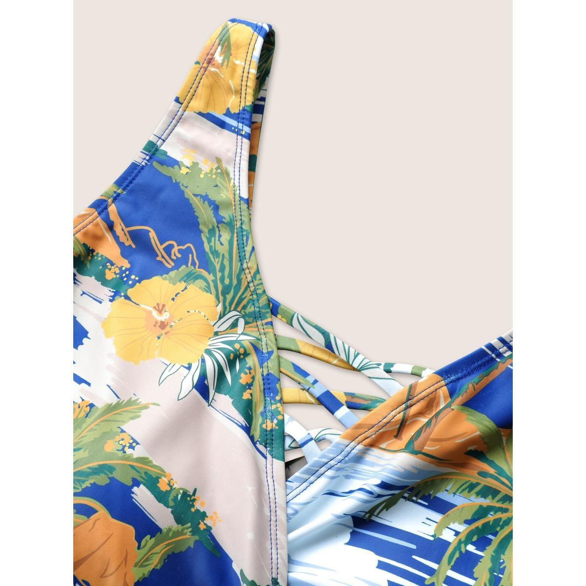 Plus Size Tropical Print Crisscross Cut Out Swim Dress Women's Swimwear Multicolor Beach Bodycon V-neck High stretch Curve Swim Dresses BloomChic 10/M Product Image