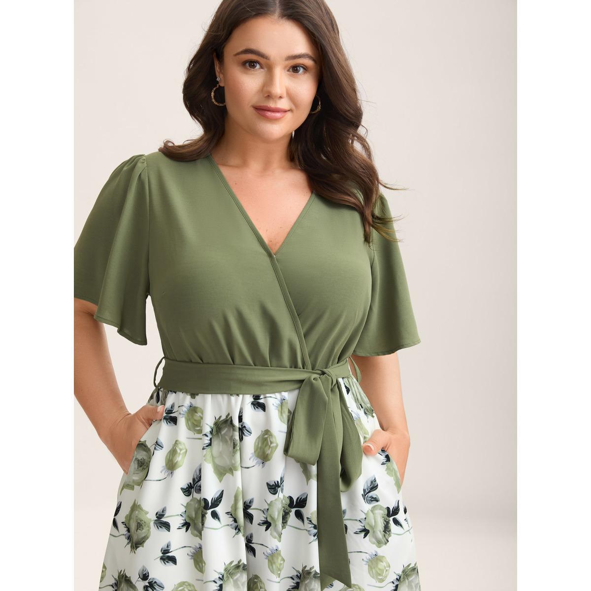 Plus Size Breezy Floral Print Belted Midi Dress Sage Women Overlap Collar Short sleeve Curvy BloomChic 12/L Product Image