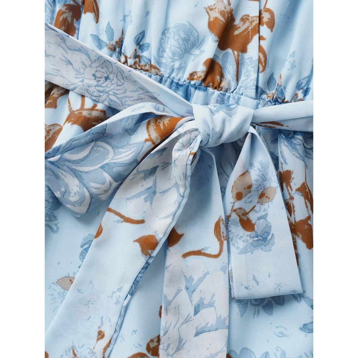 Plus Size Floral Wrap Mesh Ruffle Sleeve Dress LightBlue Women Formal V-neck Sleeveless Curvy BloomChic 30/6X Product Image