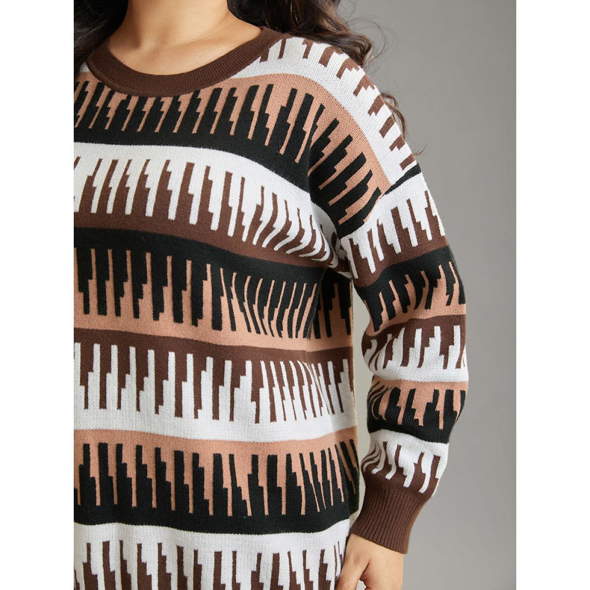 Plus Size Supersoft Essentials Colorblock Geo Elastic Cuffs Pullover DarkBrown Women Casual Loose Long Sleeve Round Neck Dailywear Pullovers BloomChic 12/L Product Image
