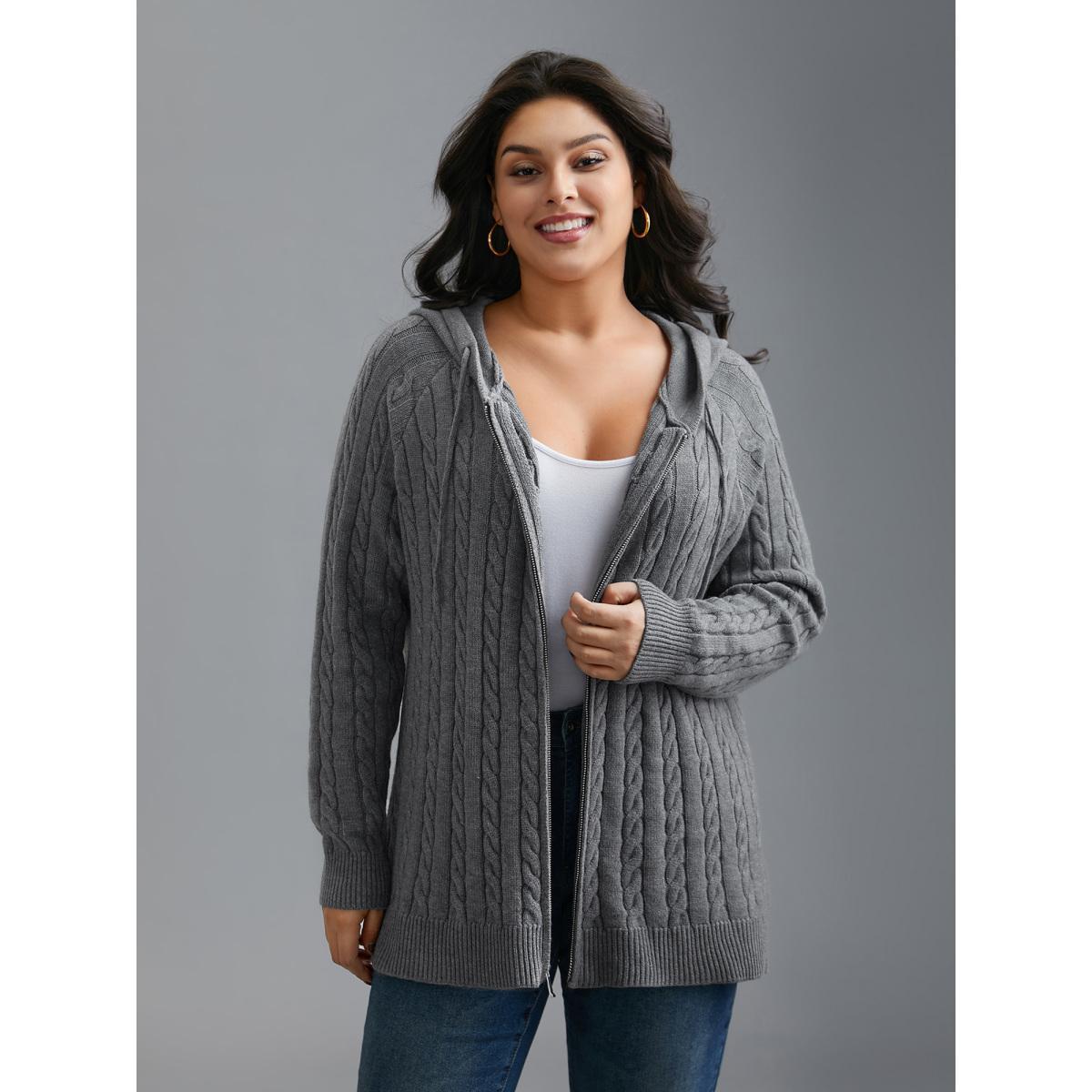Plus Size Cable Knit Hooded Zipper Cardigan DimGray Women Casual Loose Long Sleeve Everyday Cardigans BloomChic 28/5X Product Image