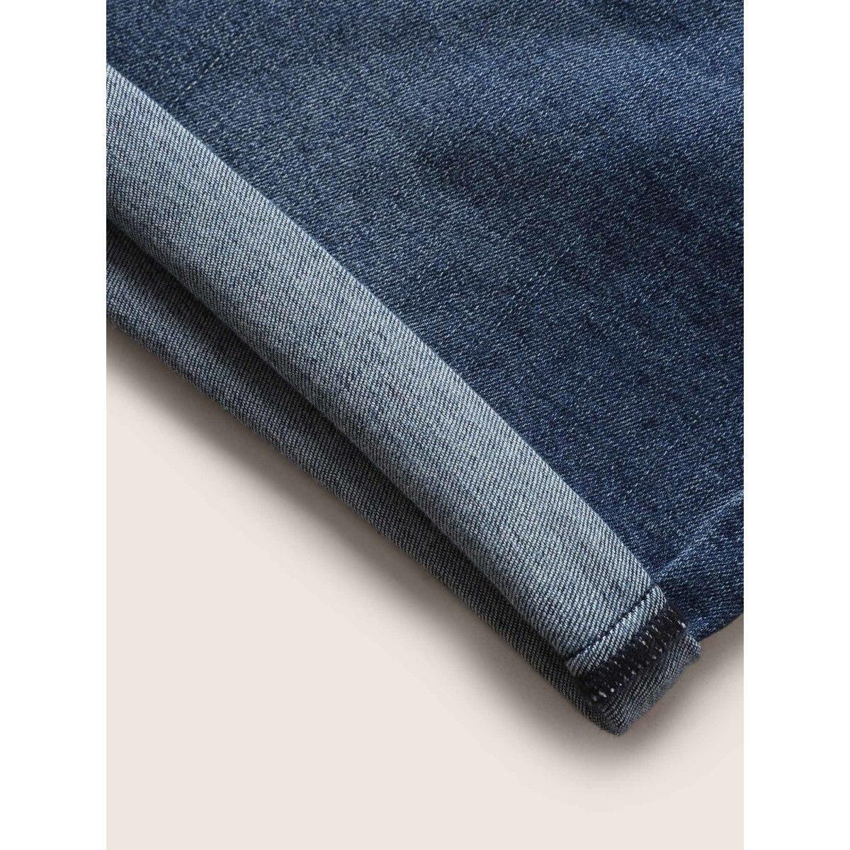 Plus Size Dark Wash Elastic Waist Roll Hem Denim Shorts Women DarkBlue Roll Hem Medium stretch Everyday Slanted pocket Casual Denim Shorts BloomChic 18/2X Product Image