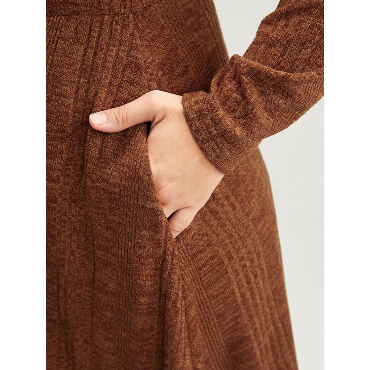 Plus Size Solid Round Neck Pocket Rib Knit Dress Without Belt Chocolate Women Elegant Elastic Waist Round Neck Long Sleeve Curvy Midi Dress BloomChic 26/4X Product Image