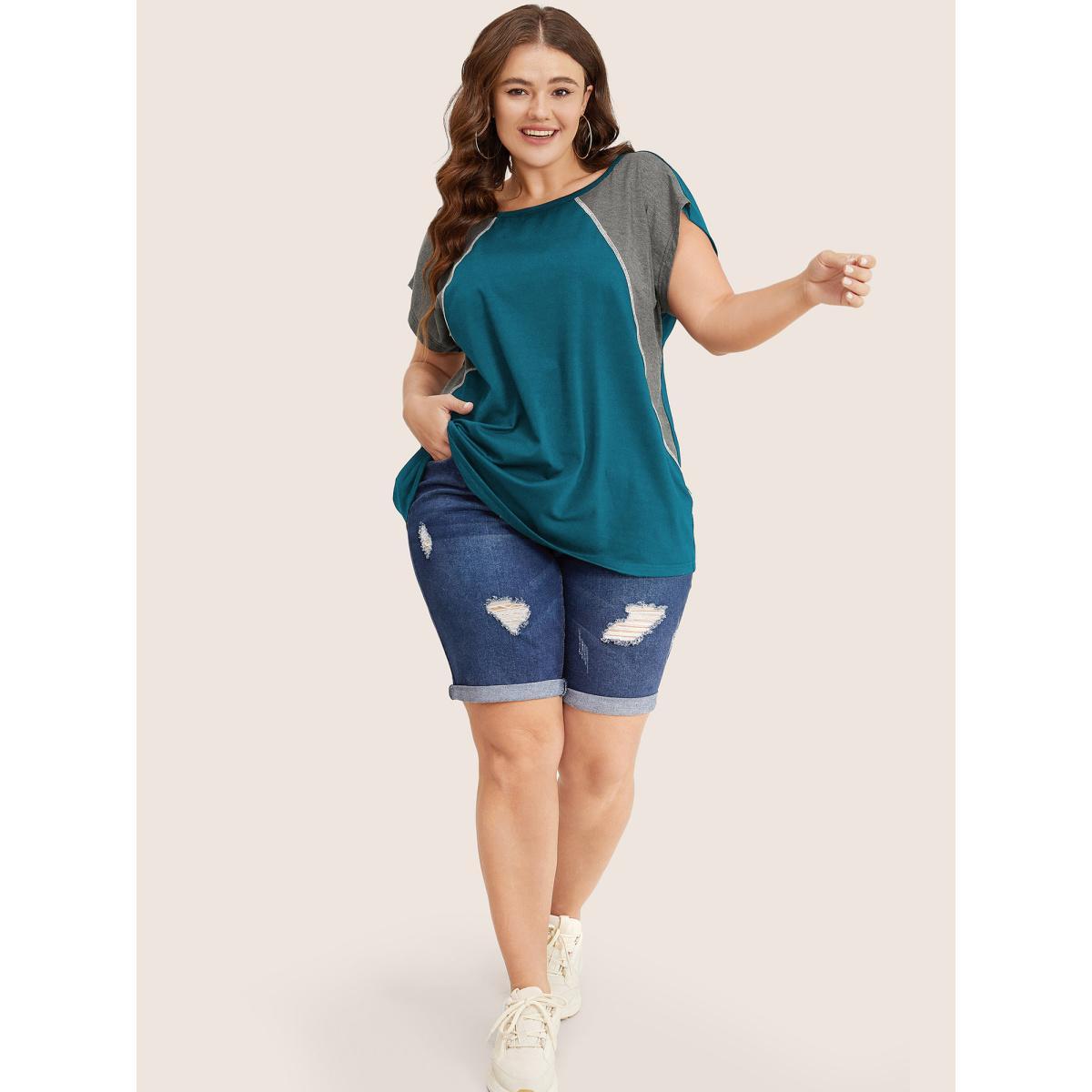 Plus Size Color Block Contrast Binding Batwing Sleeve T-shirt Aegean Women Casual Contrast Colorblock Round Neck Everyday T-shirts BloomChic 22-24/3X Product Image
