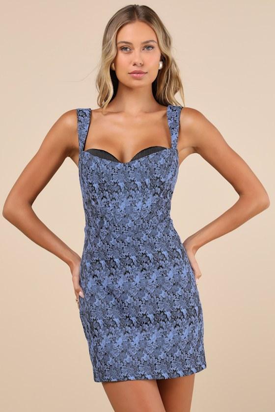 Sophisticated Celebration Dark Blue Jacquard Floral Mini Dress Product Image