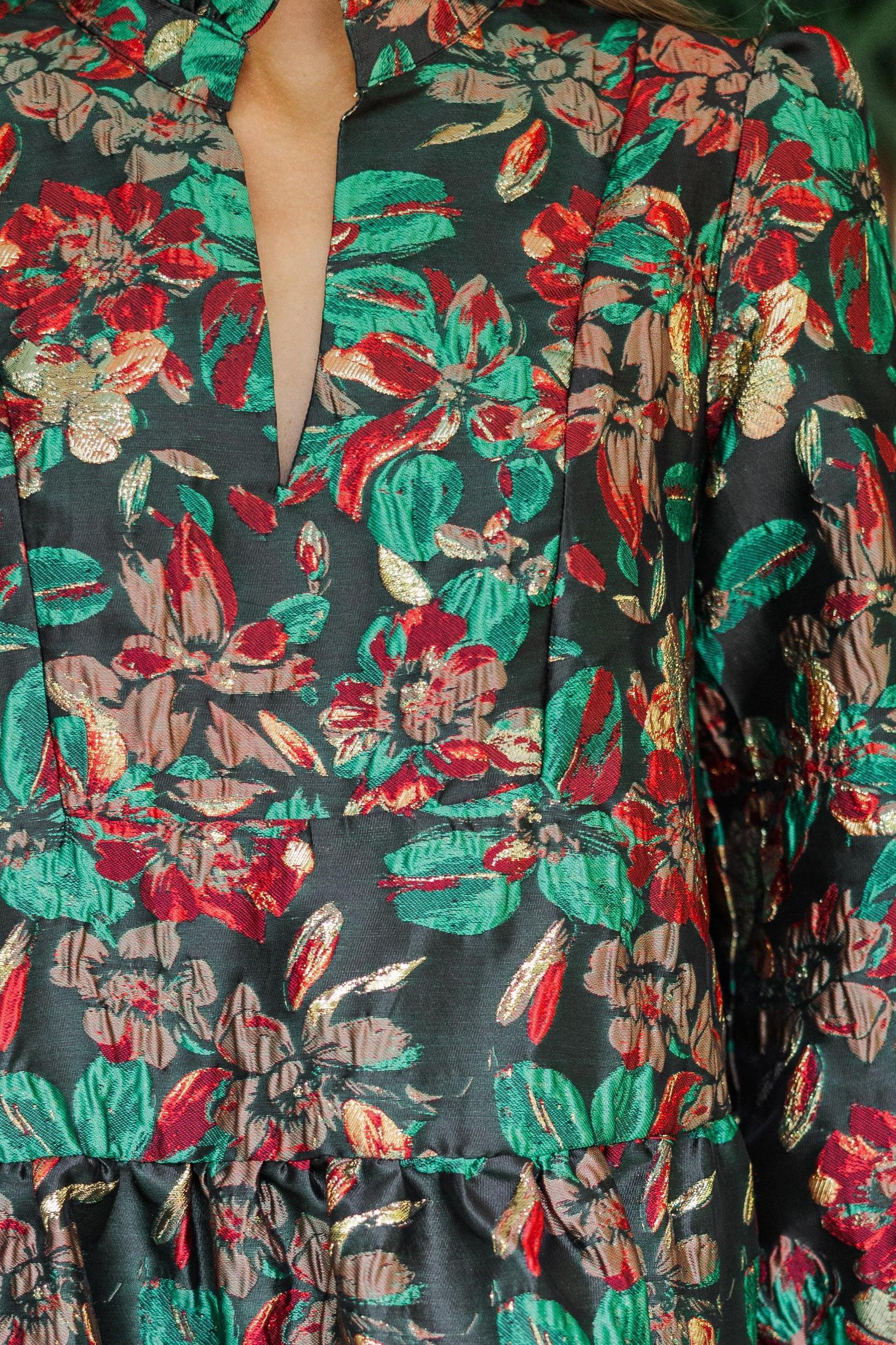 Just A Feeling Emerald Green Floral Brocade Dress Female Product Image