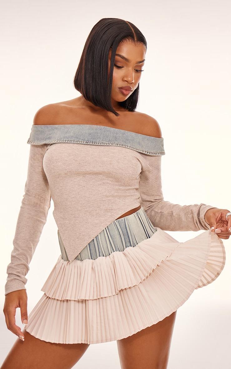 Stone Acid Wash Denim Pleated Mini Skirt Product Image