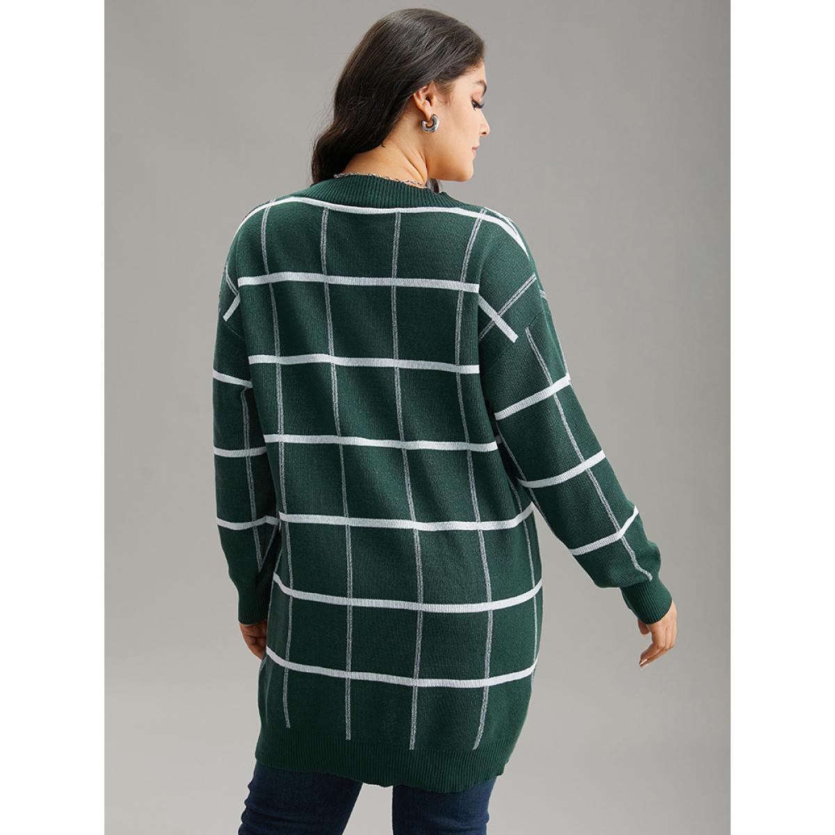 Plus Size Plaid Striped Button Through Cardigan DarkGreen Women Casual Loose Long Sleeve Everyday Cardigans BloomChic 14-16/1X Product Image