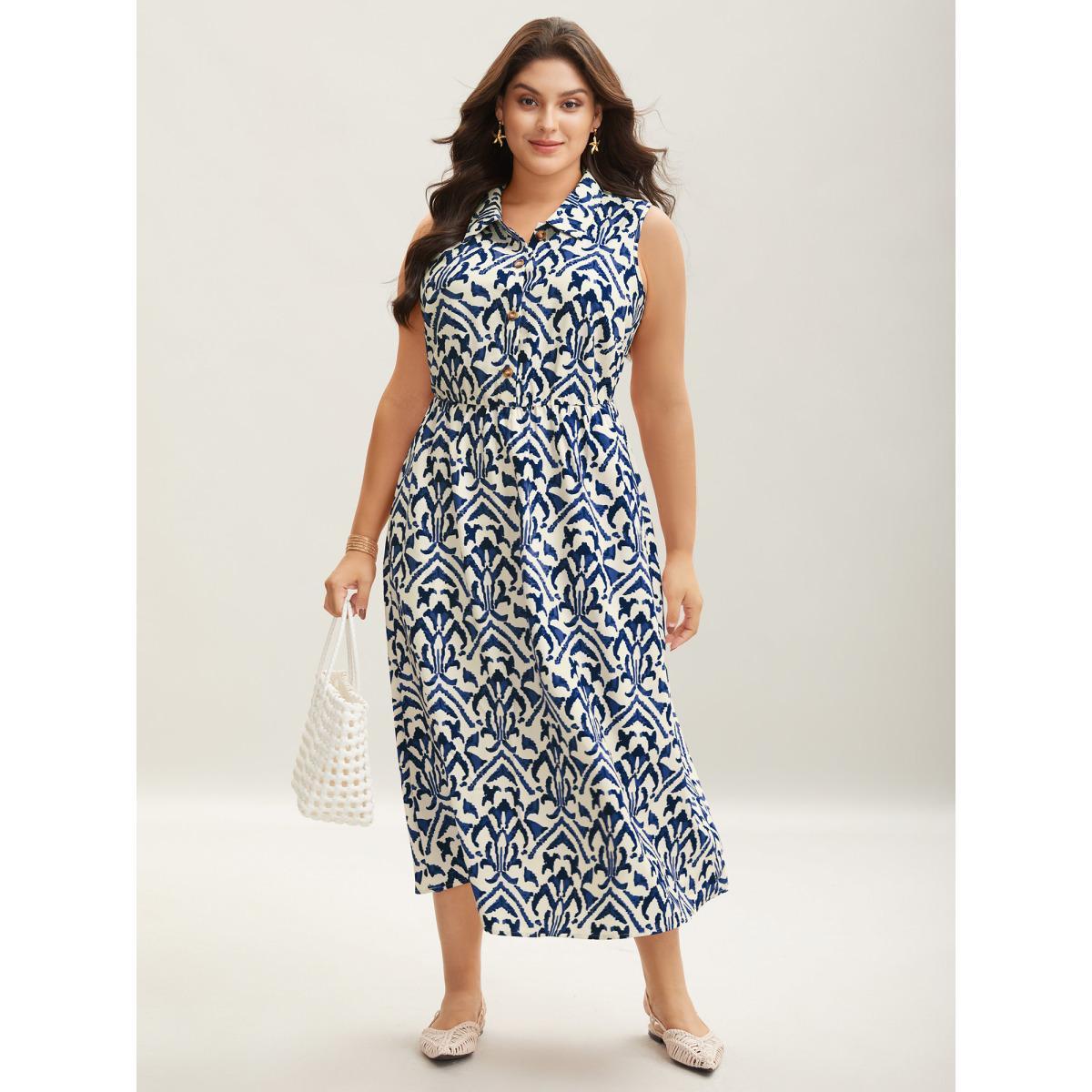 Plus Size Spring Abstract Print Shirt Collar Midi Dress Black Women Shirt collar Sleeveless Curvy BloomChic 30/6X Product Image
