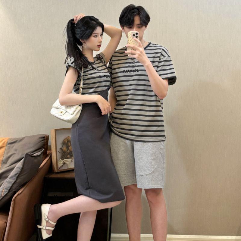 Couple Matching Cap-Sleeve Round Neck Mock Two-Piece Striped Ruched Slit Midi Sheath Dress / Short-Sleeve Tee / Plain Wide Leg Shorts (Various Designs) Product Image