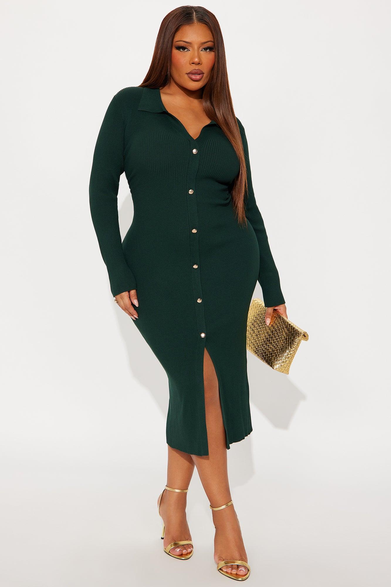 Jada Long Sleeve Ribbed Midi Dress - Hunter Product Image