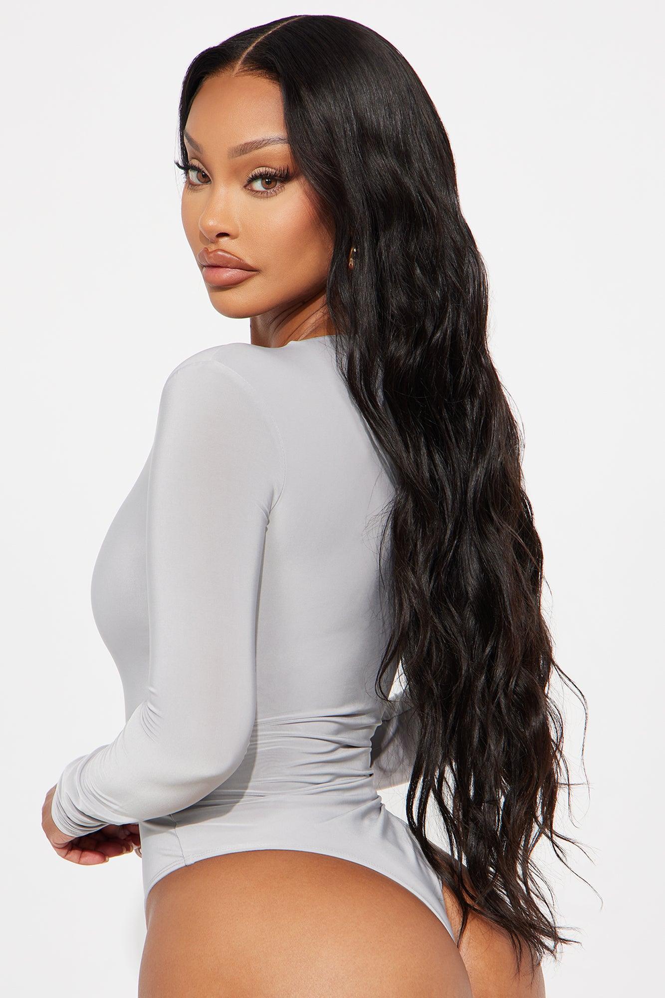 Take The Plunge Lined Long Sleeve Bodysuit - Grey Product Image