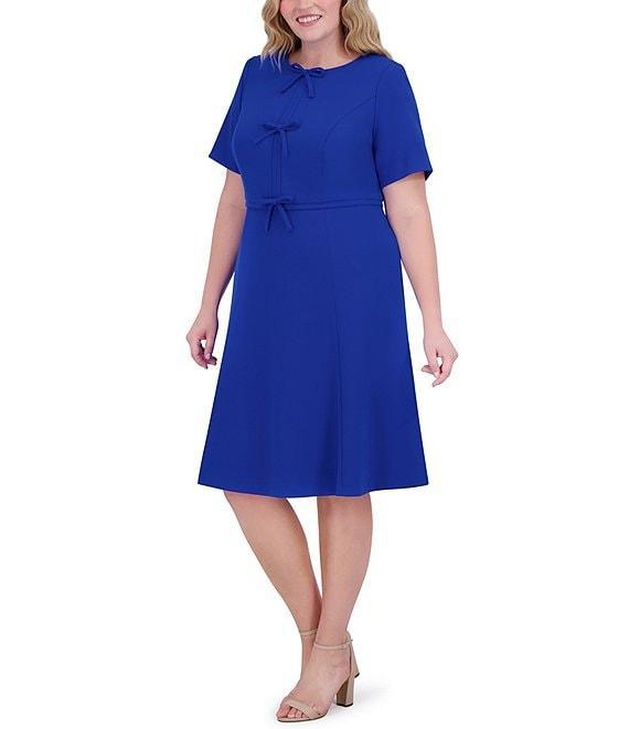 Jessica Howard Plus Size Crew Neck Short Sleeve Bow Front Scuba Crepe Midi Dress Product Image