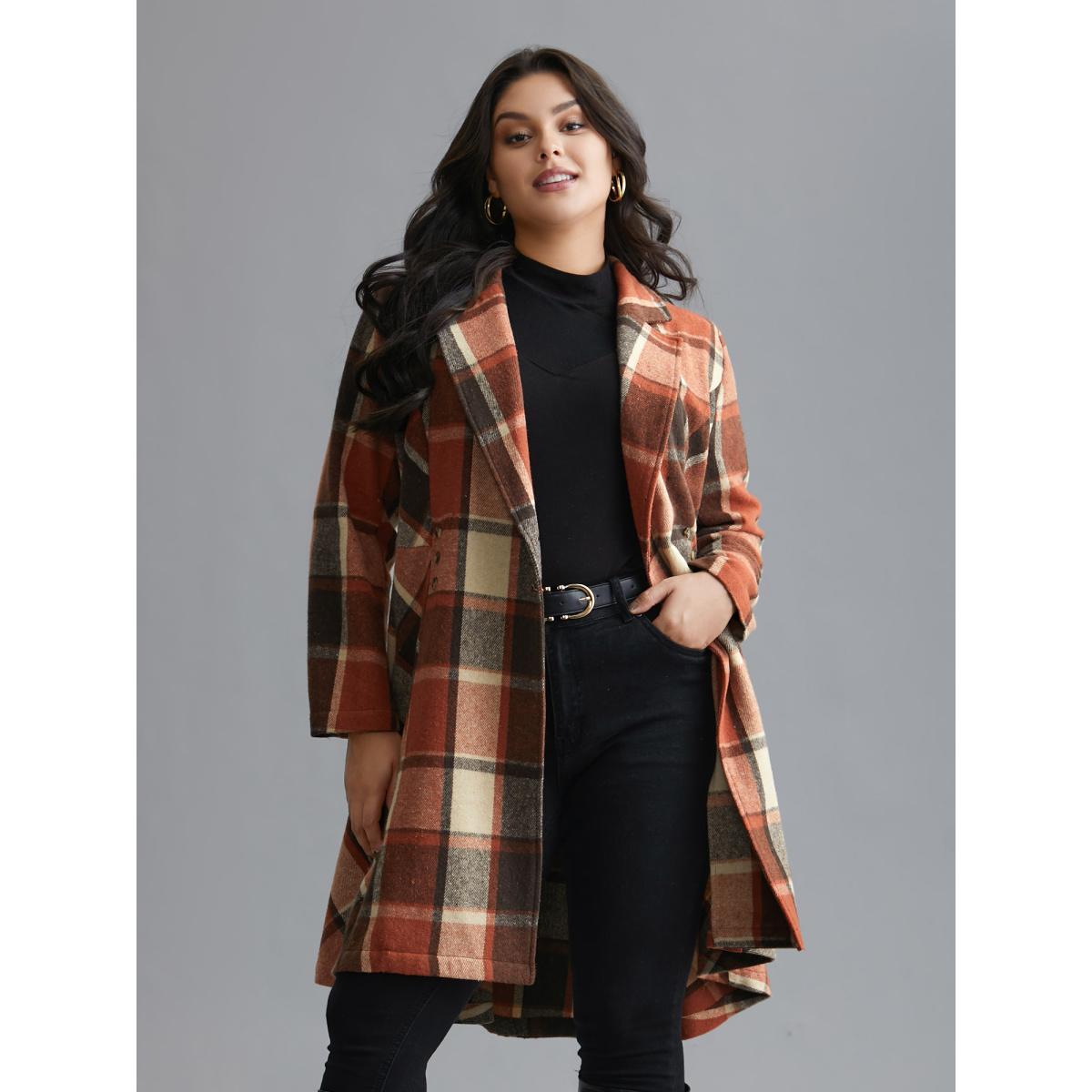 Plus Size Plaid Lapel Collar Waist Button Coat Women Yellowishbrown Elegant Button Ladies Everyday Winter Coats BloomChic 26/4X Product Image
