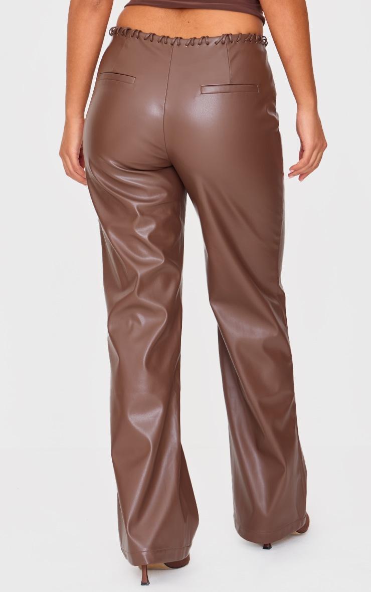 Petite Chocolate Faux Leather Lace Up Straight Leg Pants Product Image