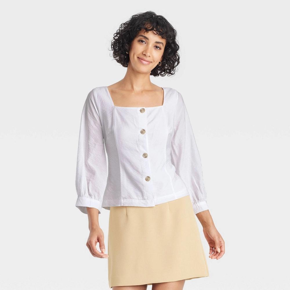 Women's Balloon 3/4 Sleeve Squareneck Blouse - A New Day™ White L: Lightweight Woven, Front Button Down Product Image