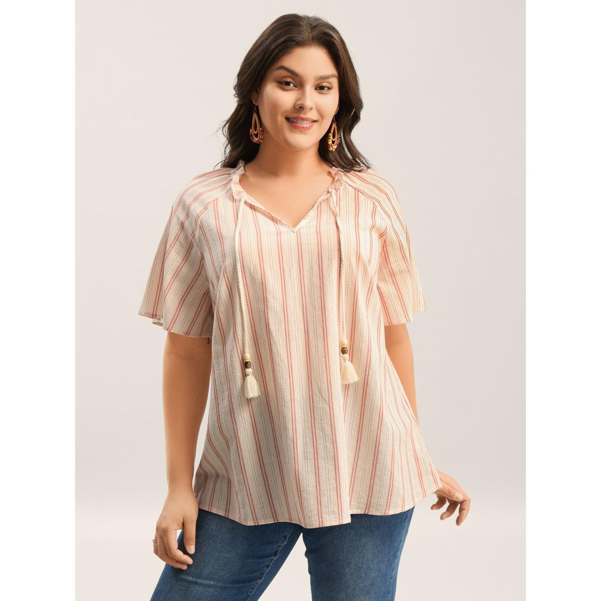Plus Size Salmon Cotton Stripes Print Neck Tassels Flowy Blouse Women Short sleeve Notched collar Vacation Blouses BloomChic 12/L Product Image