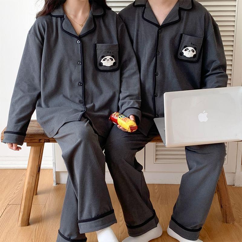 Couple Matching Pajama Set: Long Sleeve Collared Panda Applique Contrast Trim Shirt + Straight Leg Pants (Various Designs) Product Image