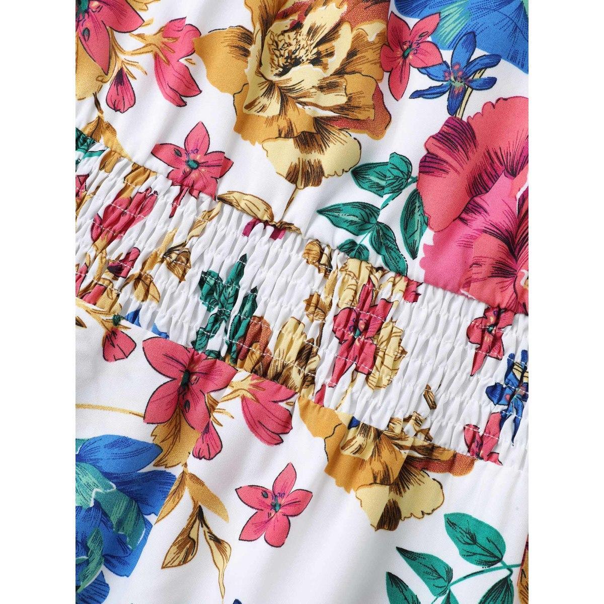 Plus Size Blooming Flowers Surplice Neck Pockets Dress Ivory Women Elegant Shirred Overlap Collar Short sleeve Curvy BloomChic 26/4X Product Image