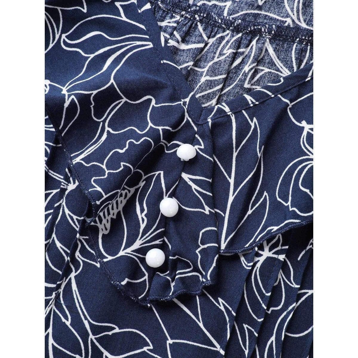 Plus Size DarkBlue Floral Abstract Print Ruffled Blouse Women Short sleeve V-neck Everyday-Elegant Blouses BloomChic 14-16/1X Product Image