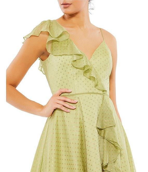 Mac Duggal Vneck Ruffled Faux Wrap Hi Low Midi Dress Product Image