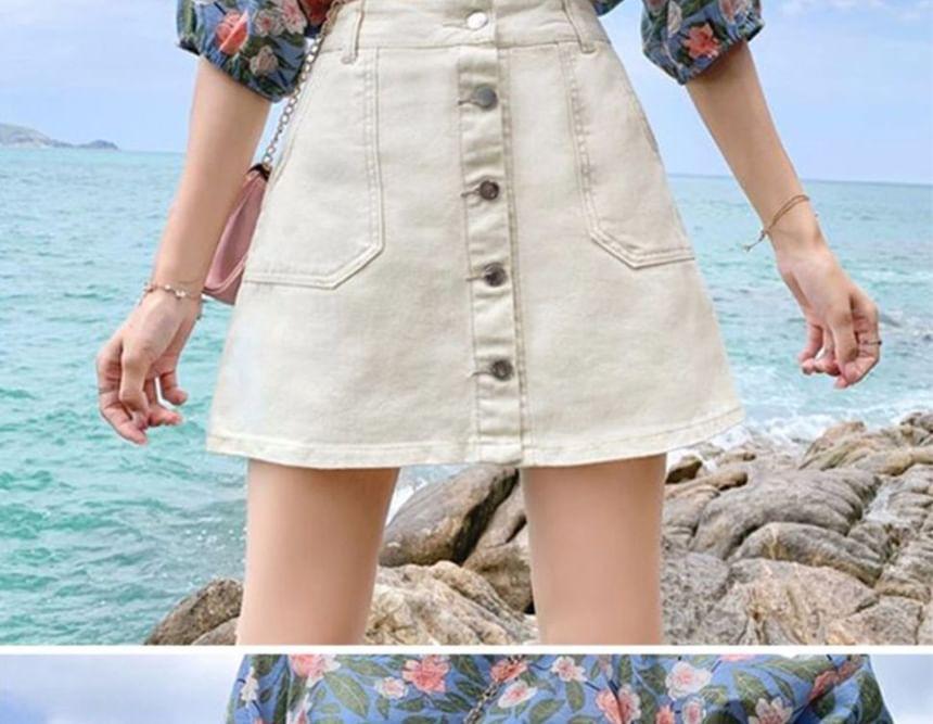 High Waist Denim Button-Up Skort Product Image