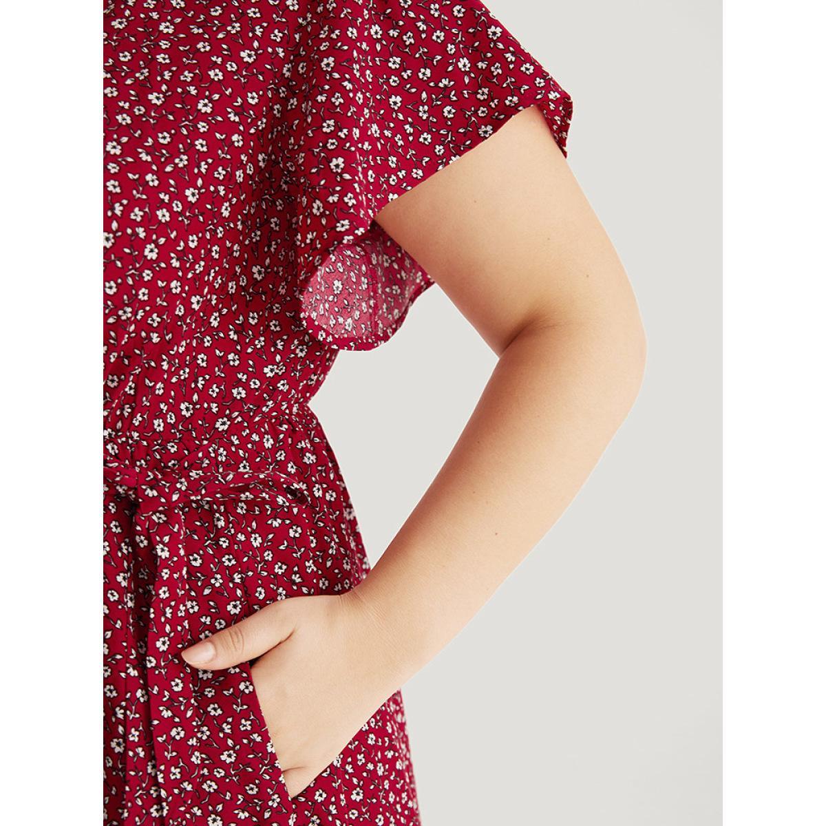 Plus Size Ditsy Floral Overlap Collar Bowknot Flutter Hem Dress Crimson Women Office Wrap V-neck Short sleeve Curvy Midi Dress BloomChic 14-16/1X Product Image
