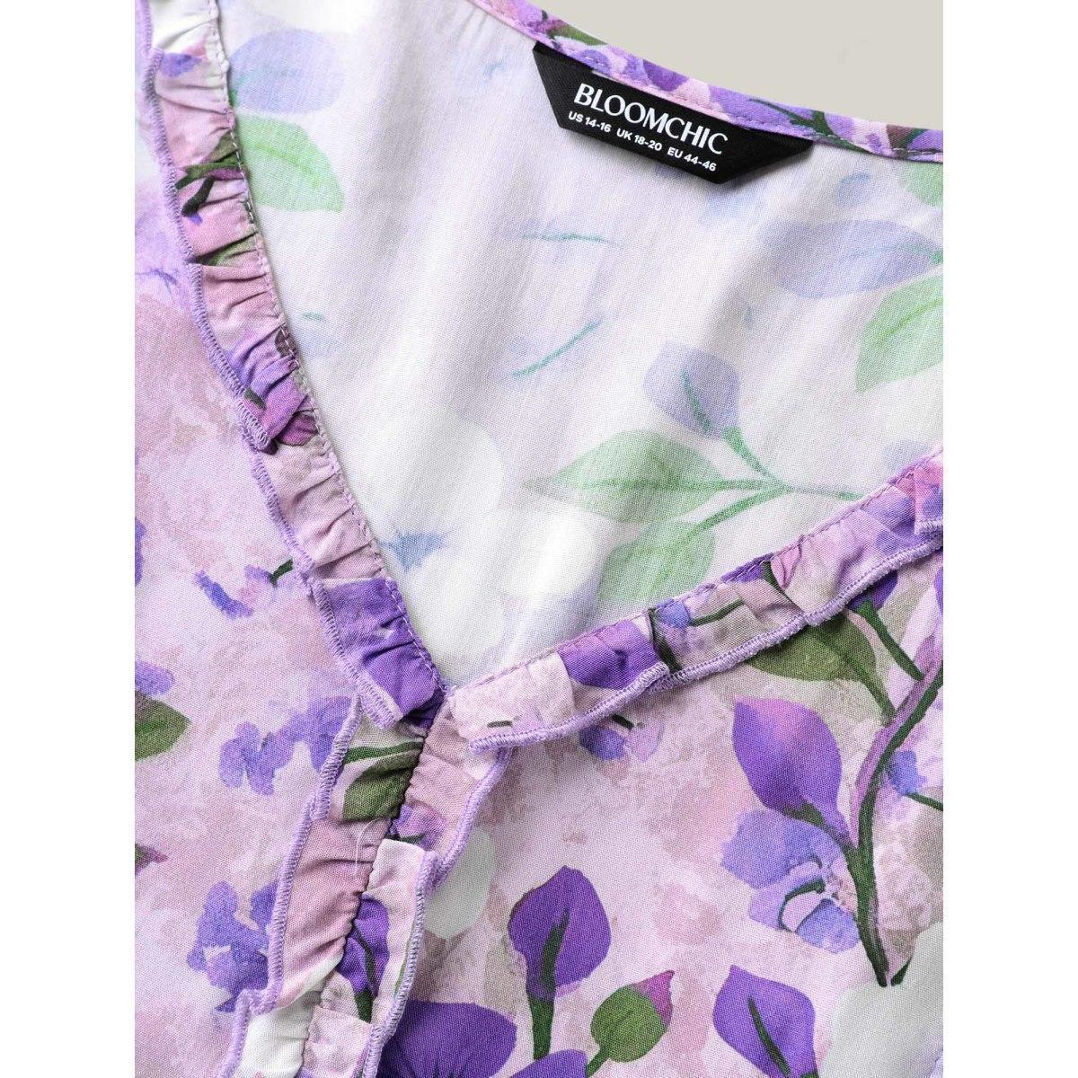 Plus Size Floral Print Ruffled Neck Pockets Midi Dress Lilac Women V-neck Short sleeve Curvy BloomChic 18-20/2X Product Image