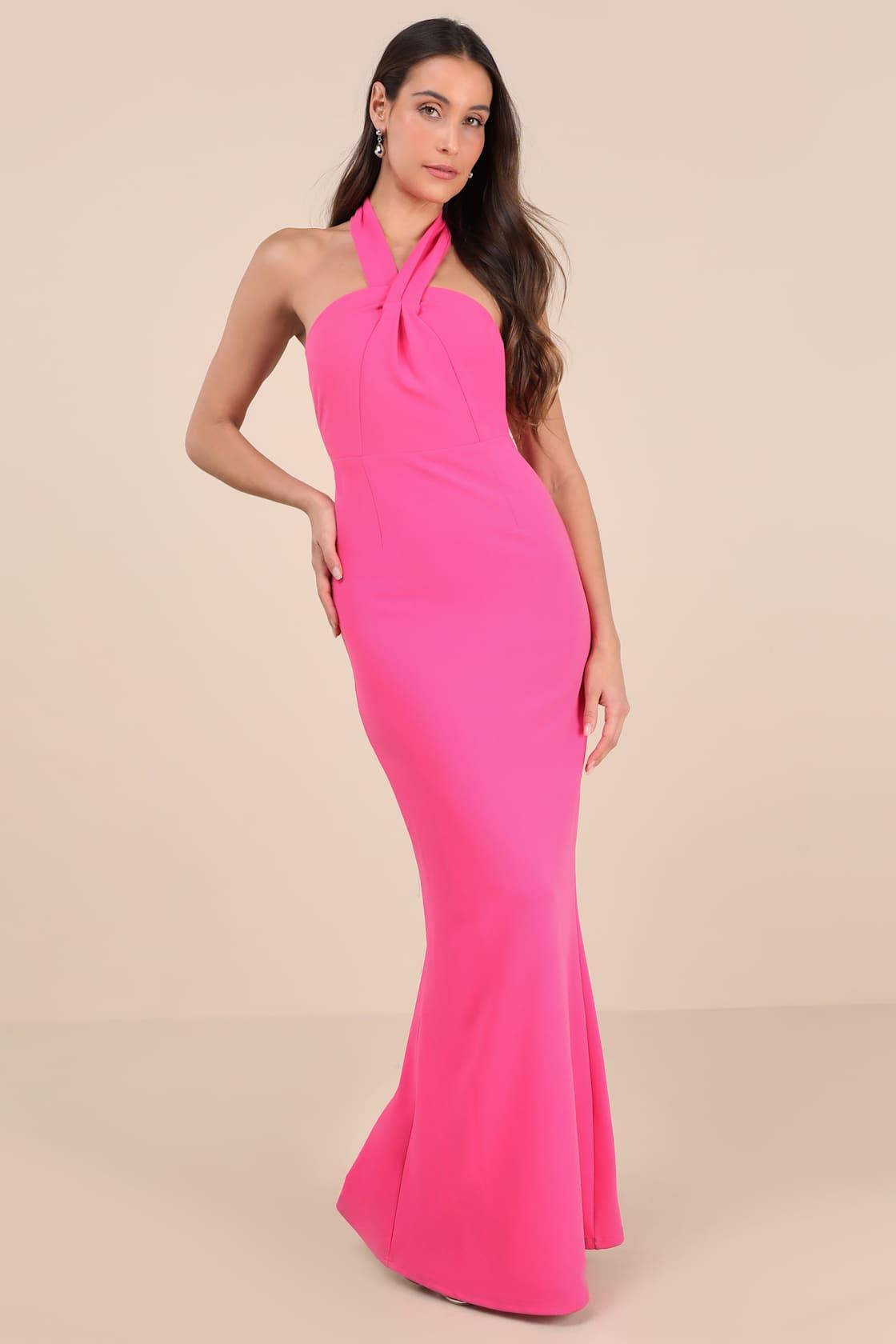 Mesmerizing Perfection Pink Halter Neck Backless Maxi Dress Product Image