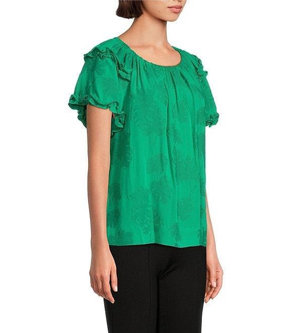 Slim Factor By Investments Heidi Palm Jacquard Elastic Linen Blend Crew Neckline Short Sleeve Top Product Image