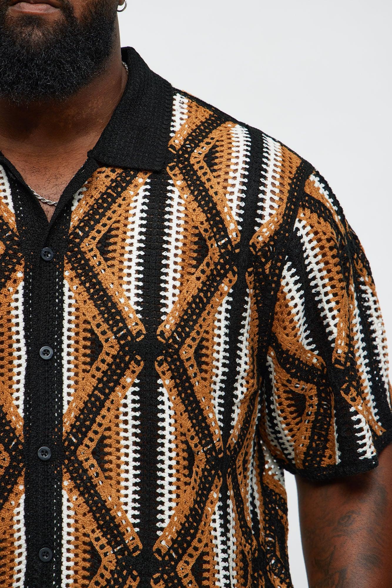 Cropped Relaxed Triangles Knit Closed Collar Shirt - Black/combo Product Image