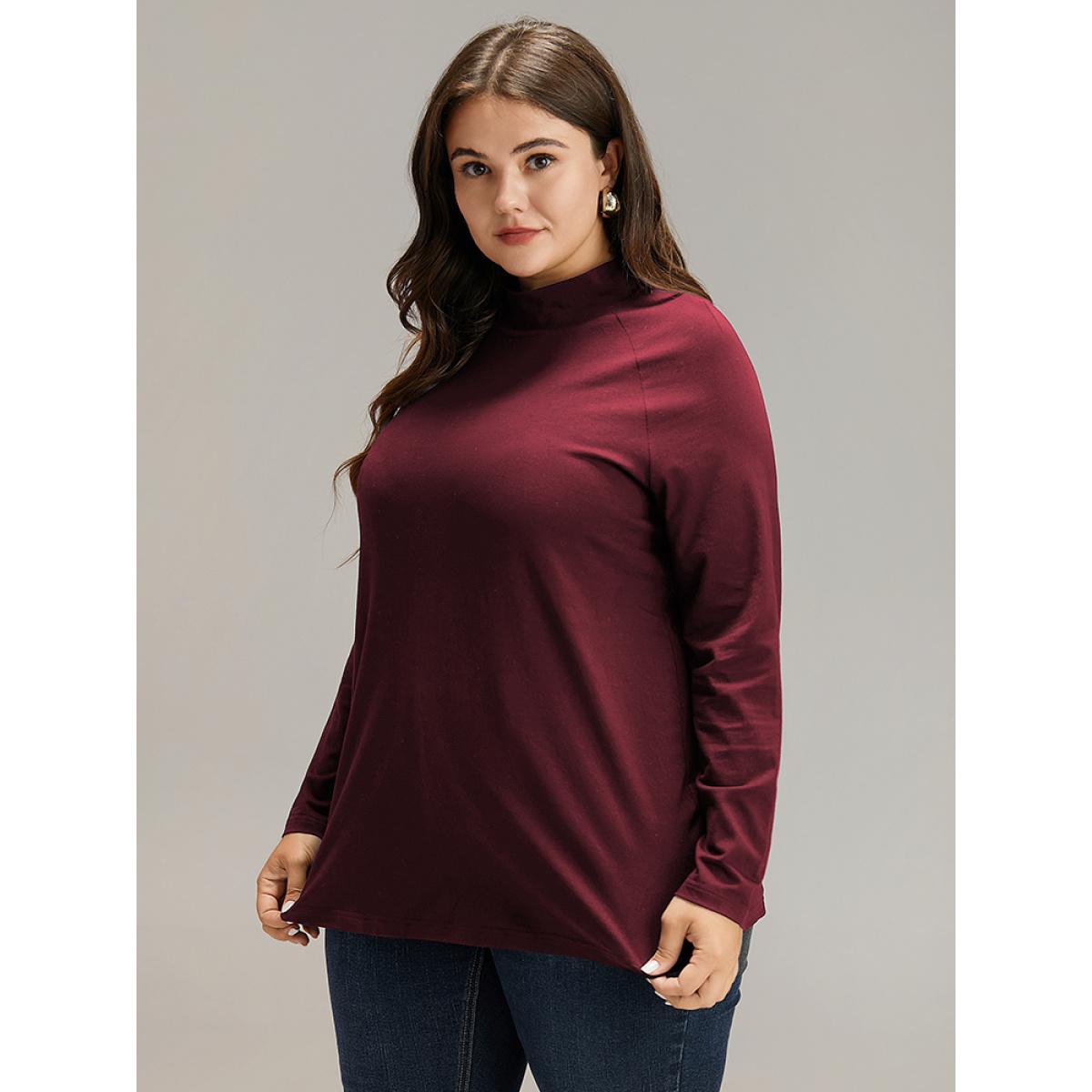 Plus Size Cotton Mock Neck Raglan Sleeve T-shirt Burgundy Women Elegant Plain Plain Mock Neck Dailywear T-shirts BloomChic 12/L Product Image