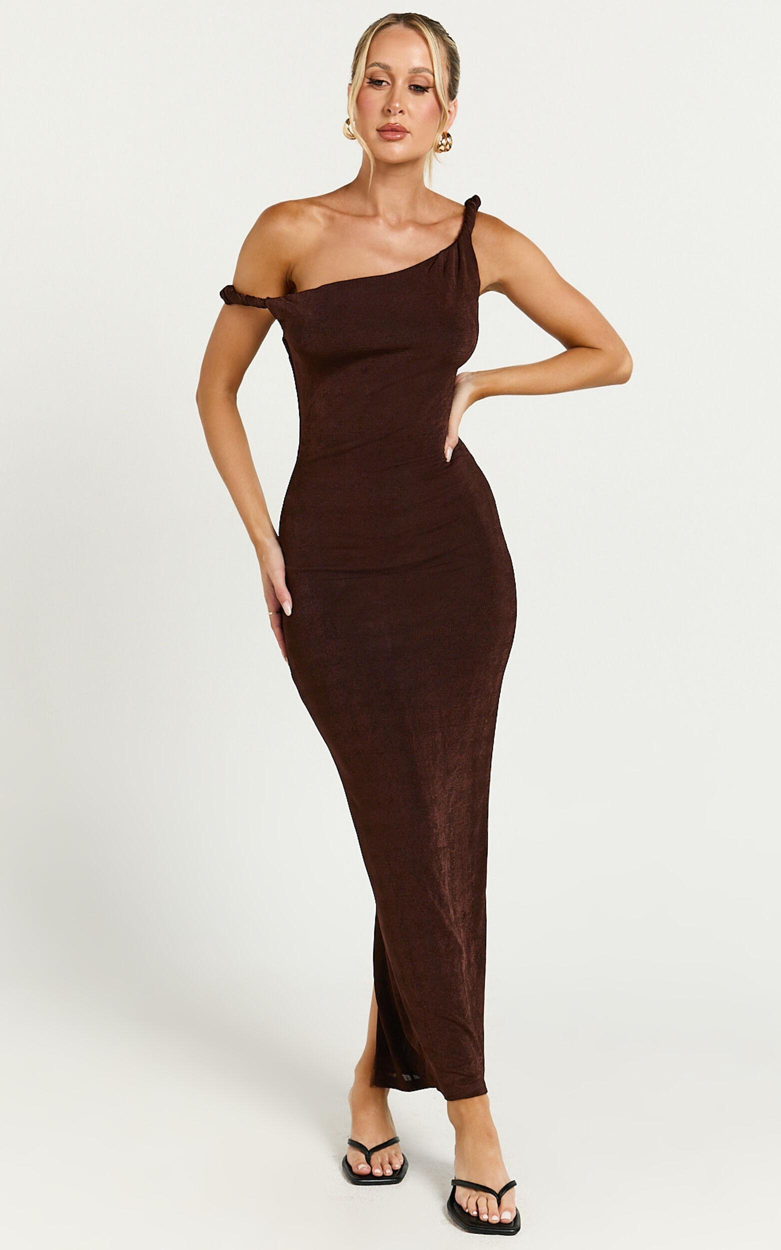 Isabel Midi Dress - Twist Off Shoulder Bodycon Dress in Chocolate Product Image
