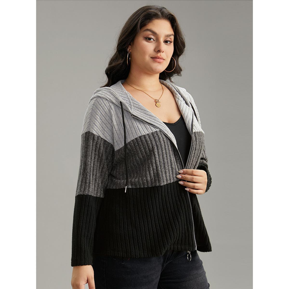 Plus Size Colorblock Contrast O Ring Zipper Jacket Women Gray Contrast Dailywear Jackets BloomChic 10/M Product Image