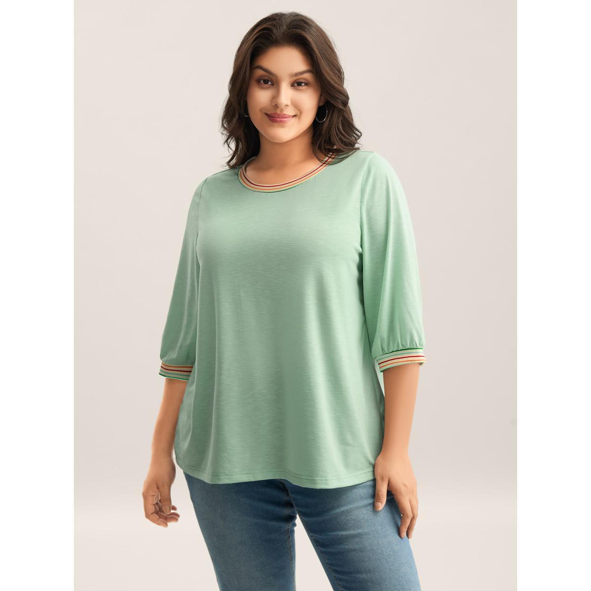 Plus Size Plain Puff Sleeve Crew Neck T-Shirt Greenbean Women Contrast Round Neck Everyday-Casual T-shirts BloomChic 30/6X Product Image